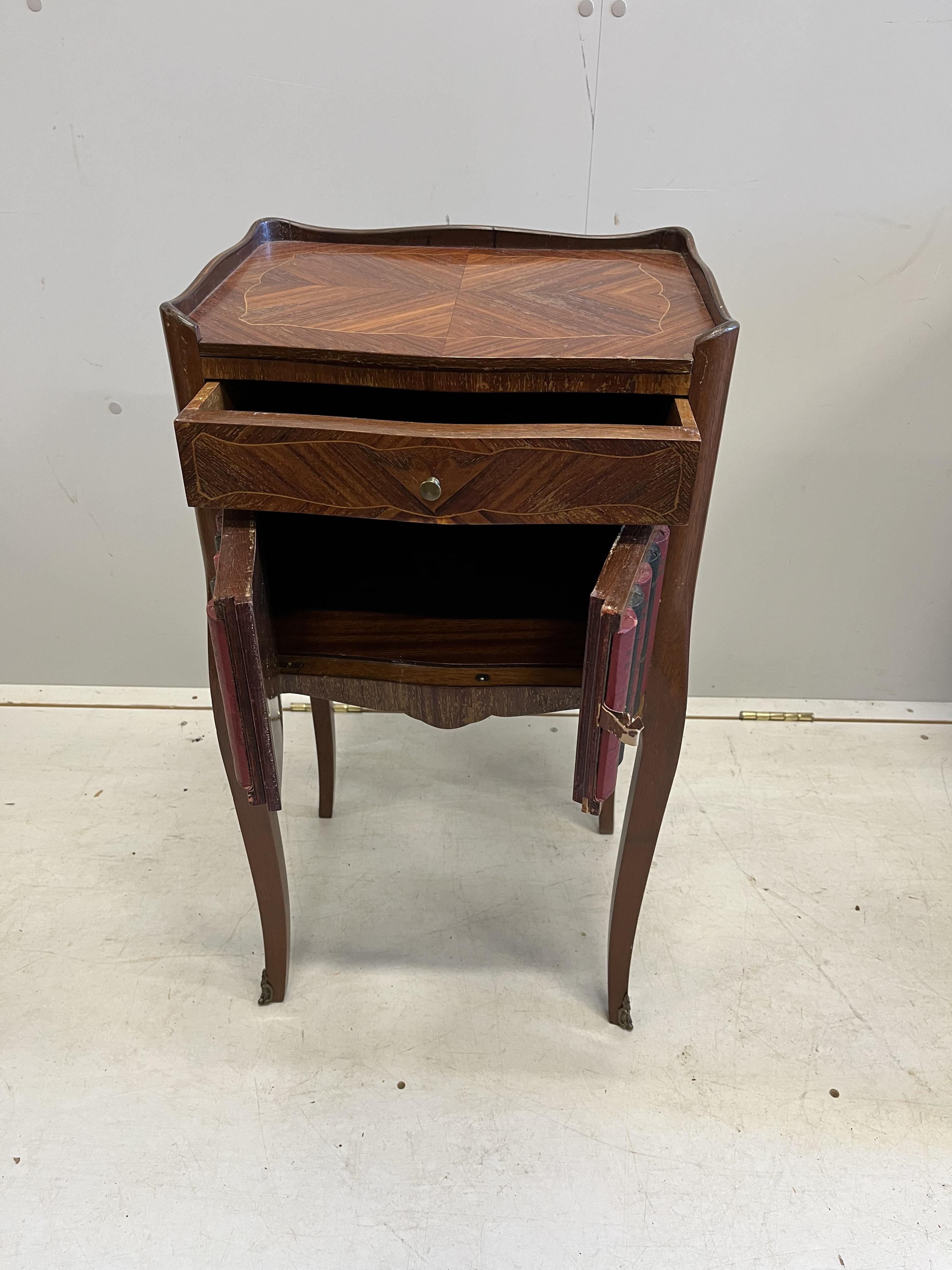A pair of Louis XVI style inlaid kingwood bedside chests, width 39cm, depth 31cm, height 74cm